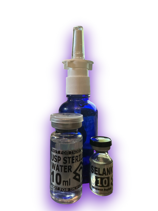 Selank Research Peptide Nasal Kit – 10mg Lyophilized Peptide + 10mL USP Sterile Water + Metered Nasal Sprayer