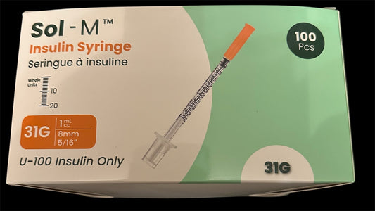 Sol-M 31G Ultra-Thin Insulin Syringes - 10 to 100ct U-100 Compatible